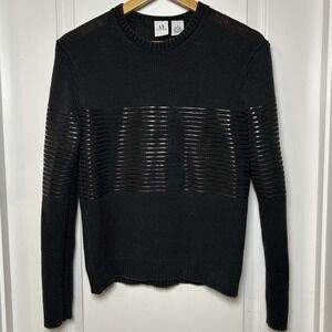 Armani Exchange Long Sleeve Knit Perforated Black Striped Sweater Modern Style